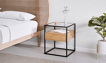 שידת לילה זכוכית משולב עץ ומתכת